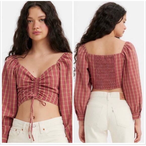 Levis The Statement Blouse Sz XL Red Plaid Slim Cropped Smocked Ruched V Neck - Picture 1 of 12